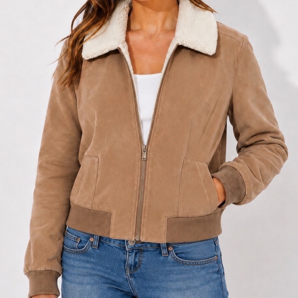 Democracy Large Faux Suede Sherpa Lined Warm Bomber Jacket Tan Large